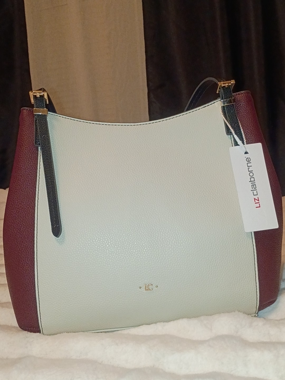 Liz Claiborne Cream and Burgundy Structured Shoulder Bag